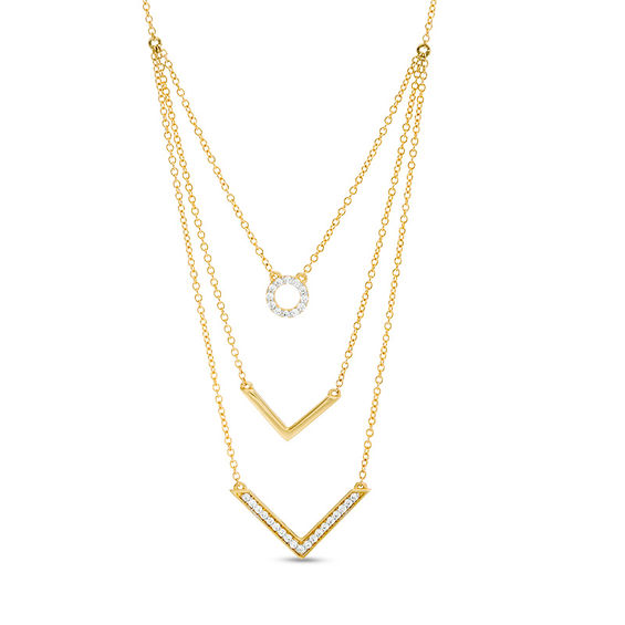 1/4 CT. T.w. Diamond Circle and Chevron Multi-Strand Necklace in 10K Gold - 20"
