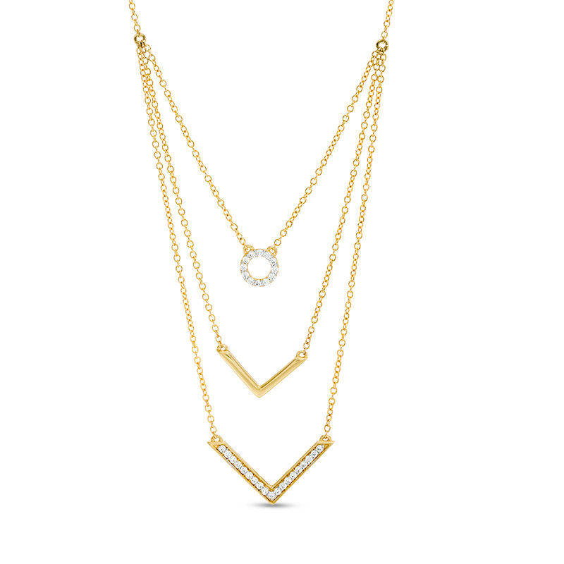 Main Image 1 of 1/4 CT. T.W. Diamond Circle and Chevron Multi-Strand Necklace in 10K Gold - 20"