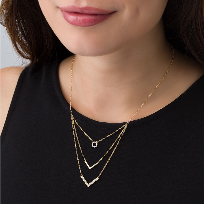 Main Image 2 of 1/4 CT. T.W. Diamond Circle and Chevron Multi-Strand Necklace in 10K Gold - 20"