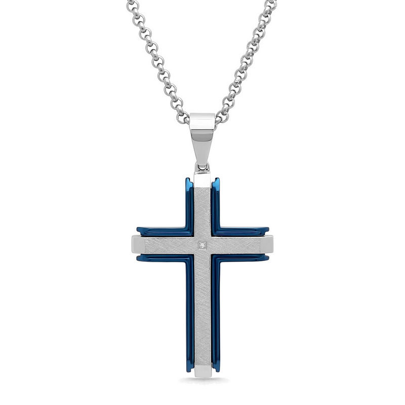 Men's Diamond Accent Layered Cross Pendant in Two-Tone Stainless Steel - 24"