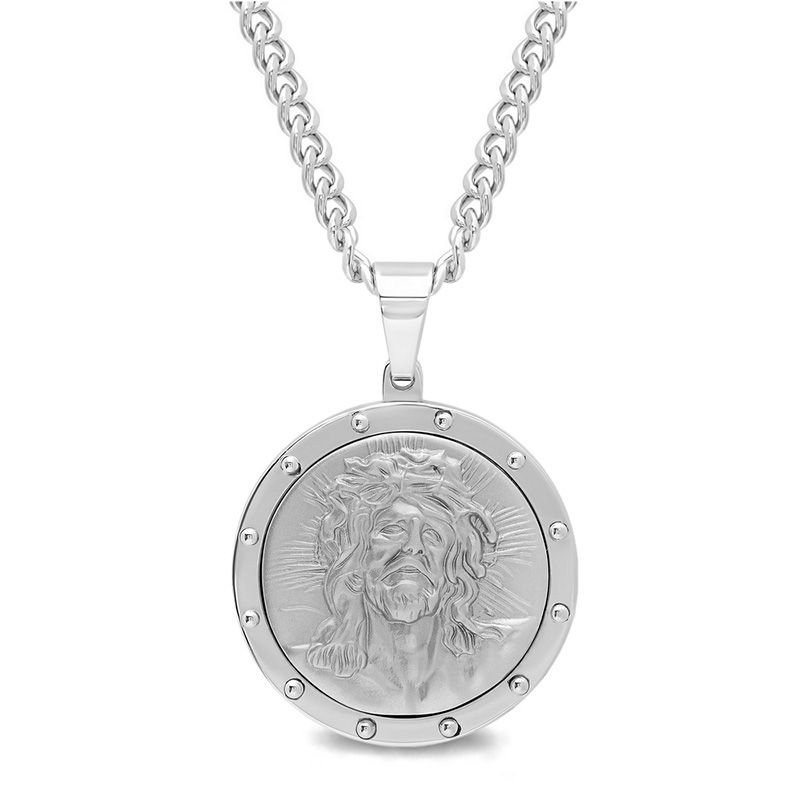 Men's Jesus Medallion Pendant in Stainless Steel - 24"