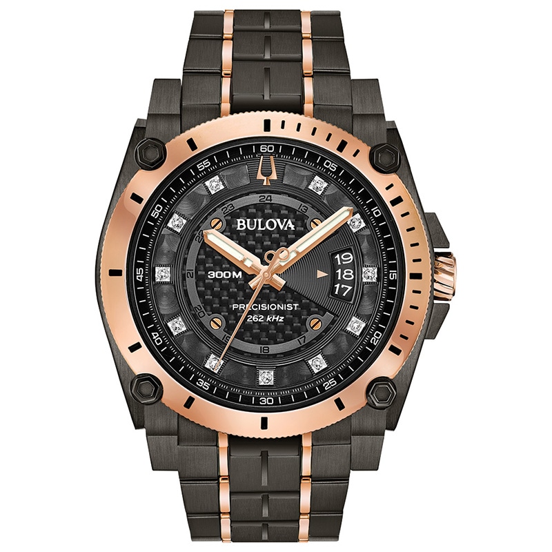 Main Image 1 of Men's Bulova Precisionist 1/20 CT. T.W. Diamond Two-Tone IP Watch with Black Dial (Model: 98D149)