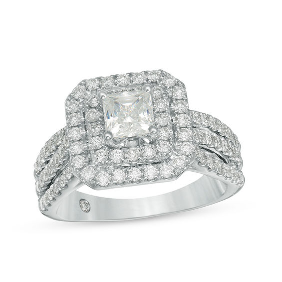 Celebration Ideal 1-5/8 CT. T.w. Princess-Cut Certified Diamond Double Frame Multi-Row Engagement Ring in 14K White Gold (I/I1)