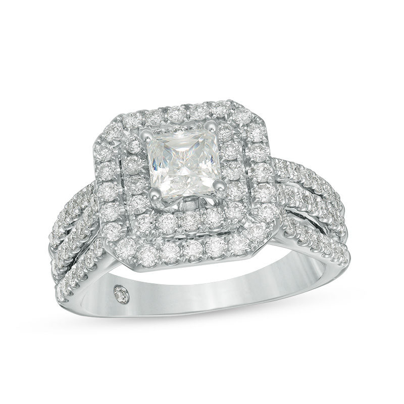 Main Image 1 of Celebration Ideal 1-5/8 CT. T.W. Princess-Cut Certified Diamond Double Frame Multi-Row Engagement Ring in 14K White Gold (I/I1)