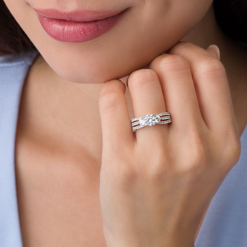 Main Image 3 of 1-5/8 CT. T.W. Diamond Past Present Future® Multi-Row Engagement Ring in 14K White Gold