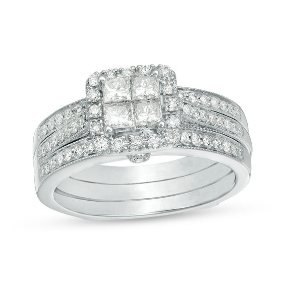 Four-Prong Square Halo 0.45 TCW Princess Cut Diamond Art-Deco Milgrain  Filigree Bridal Ring Set in 10K White Gold 