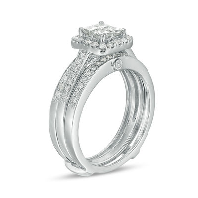 Four-Prong Square Halo 0.45 TCW Princess Cut Diamond Art-Deco Milgrain  Filigree Bridal Ring Set in 10K White Gold 