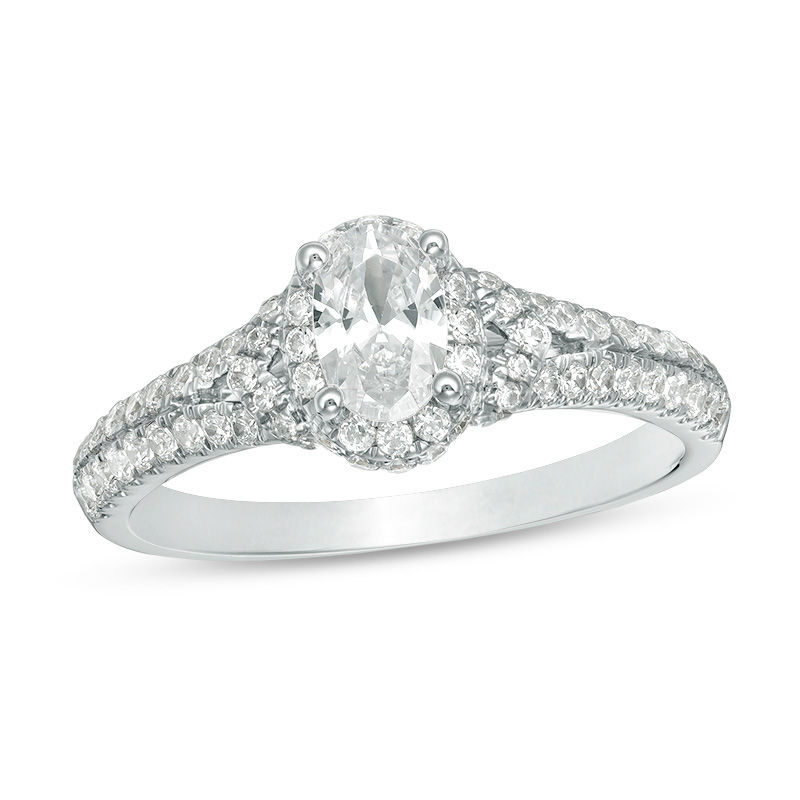 1 CT. T.W. Certified Oval Diamond Frame V-Sides Engagement Ring in 14K White Gold (I/SI2)