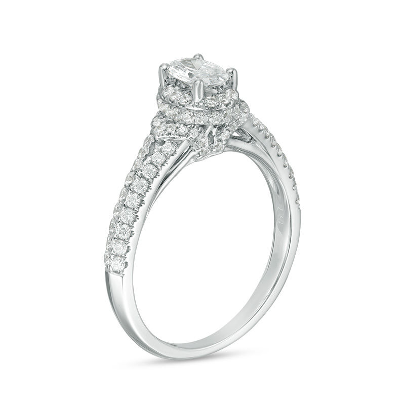 1 CT. T.W. Certified Oval Diamond Frame V-Sides Engagement Ring in 14K White Gold (I/SI2)