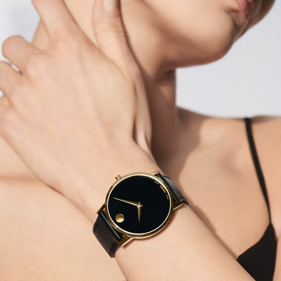 Menâs Movado MuseumÂ® Classic Gold-Tone IP Watch with Black Dial (Model: 0607271)