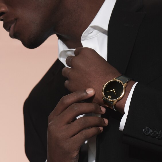 Menâs Movado MuseumÂ® Classic Gold-Tone IP Watch with Black Dial (Model: 0607271)