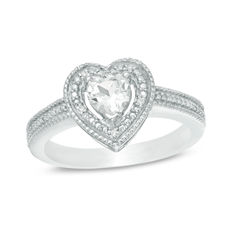 Main Image 1 of 5.0mm Heart-Shaped Lab-Created White Sapphire and Diamond Accent Beaded Frame Vintage-Style Ring in Sterling Silver