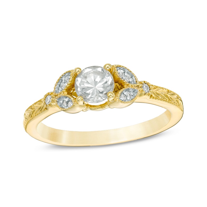 Main Image 1 of 5.0mm Lab-Created White Sapphire and Diamond Accent Leaf Vintage-Style Ring in 10K Gold