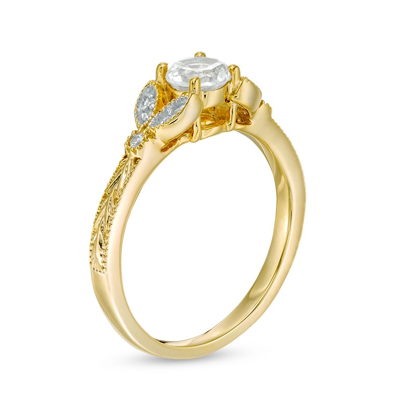 Main Image 2 of 5.0mm Lab-Created White Sapphire and Diamond Accent Leaf Vintage-Style Ring in 10K Gold