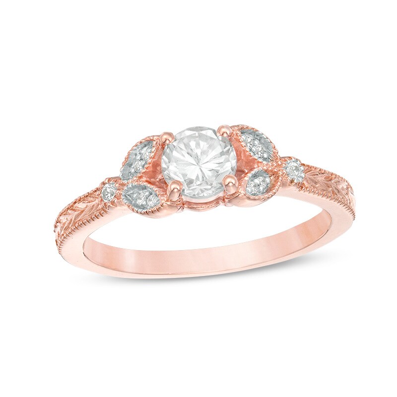 Main Image 1 of 5.0mm Lab-Created White Sapphire and Diamond Accent Leaf Vintage-Style Ring in 10K Rose Gold