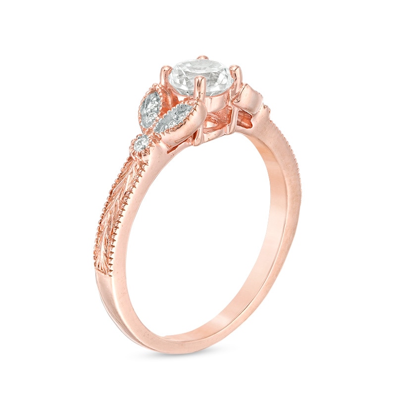 Main Image 2 of 5.0mm Lab-Created White Sapphire and Diamond Accent Leaf Vintage-Style Ring in 10K Rose Gold