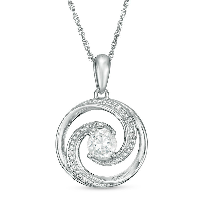 Main Image 1 of 5.0mm Lab-Created White Sapphire and Diamond Accent Beaded Circular Wave Pendant in Sterling Silver