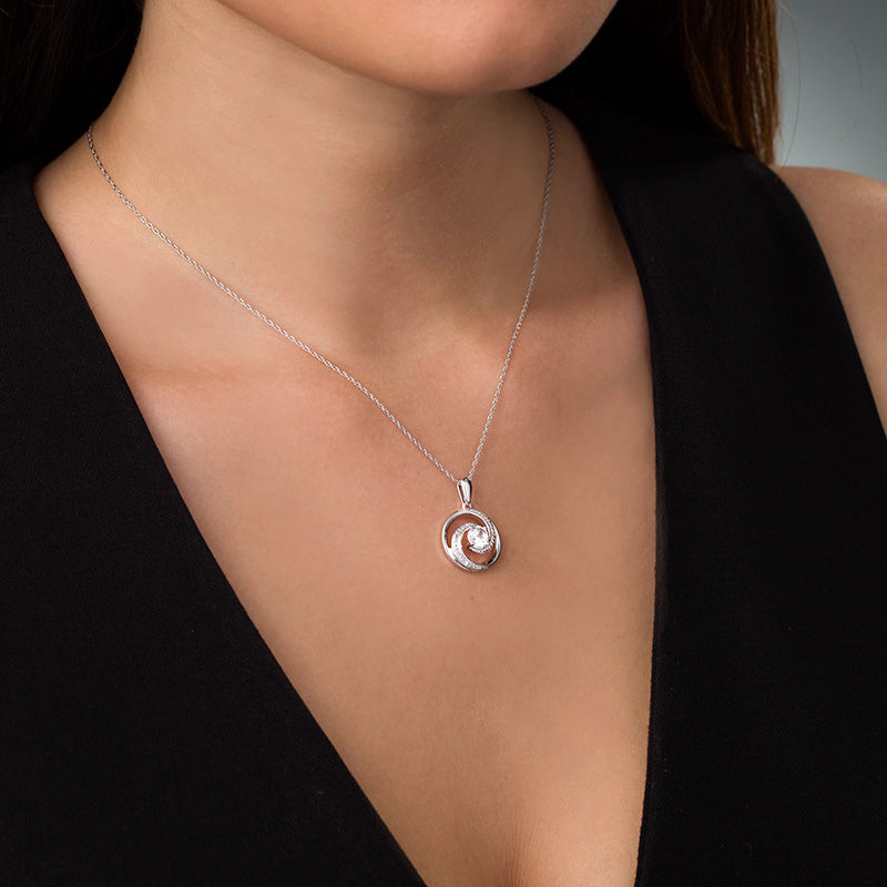 Main Image 3 of 5.0mm Lab-Created White Sapphire and Diamond Accent Beaded Circular Wave Pendant in Sterling Silver