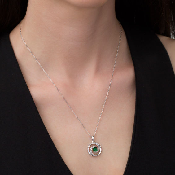 5.0mm Lab-Created Emerald and Diamond Accent Beaded Circular Wave Pendant in Sterling Silver 5.0mm Lab-Created Emerald and Diamond Accent Beaded Circular Wave Pendant in Sterling Silver