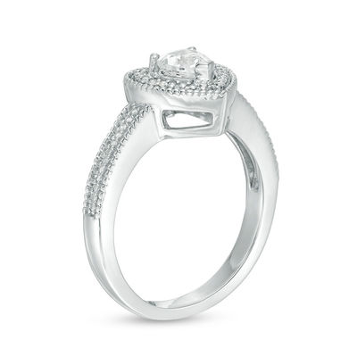 5.0mm Heart-Shaped Lab-Created White Sapphire and Diamond Accent Beaded  Frame Vintage-Style Ring in Sterling Silver