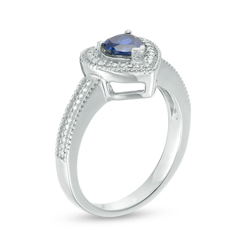 5.0mm Heart-Shaped Lab-Created Blue Sapphire and Diamond Accent Beaded Frame Vintage-Style Ring in Sterling Silver