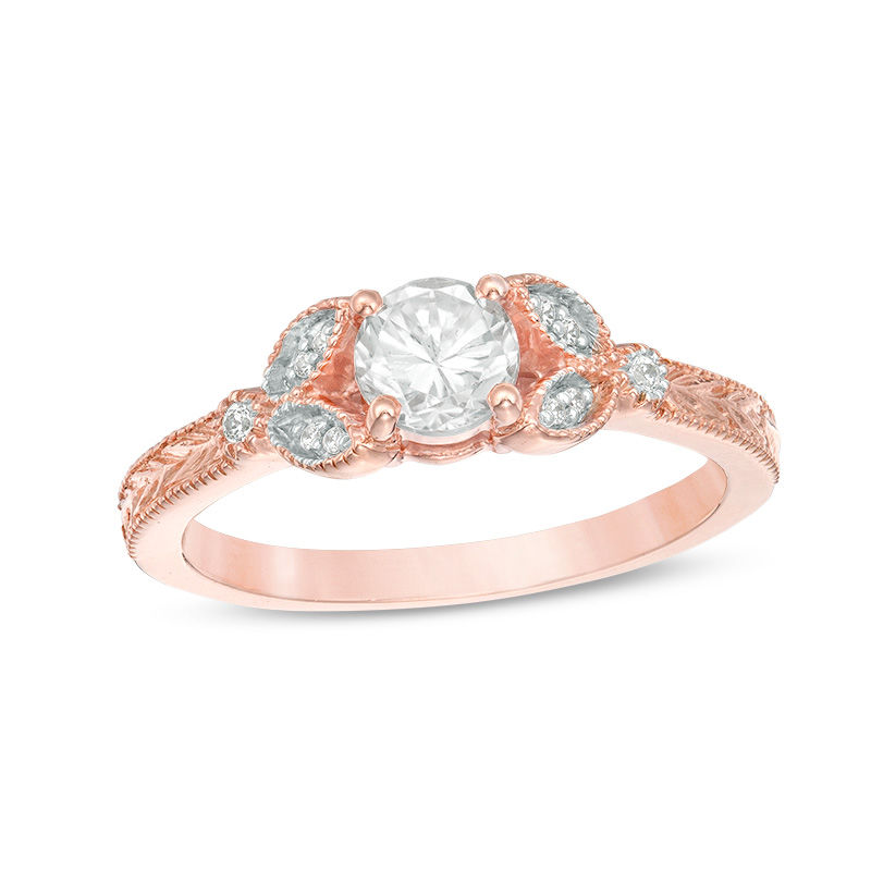 5.0mm Lab-Created White Sapphire and Diamond Accent Leaf Vintage-Style Ring in 10K Rose Gold