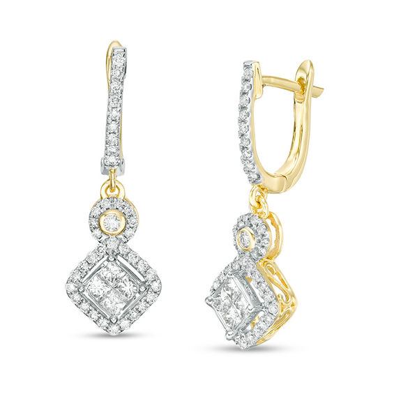 7/8 CT. T.w. Quad Princess-Cut Diamond Tilted Frame Drop Earrings in 10K Gold