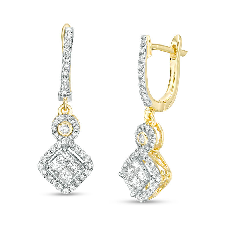 Main Image 1 of 7/8 CT. T.W. Quad Princess-Cut Diamond Tilted Frame Drop Earrings in 10K Gold