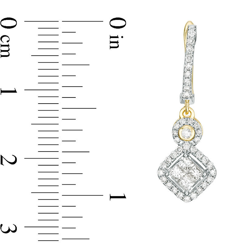 Main Image 3 of 7/8 CT. T.W. Quad Princess-Cut Diamond Tilted Frame Drop Earrings in 10K Gold