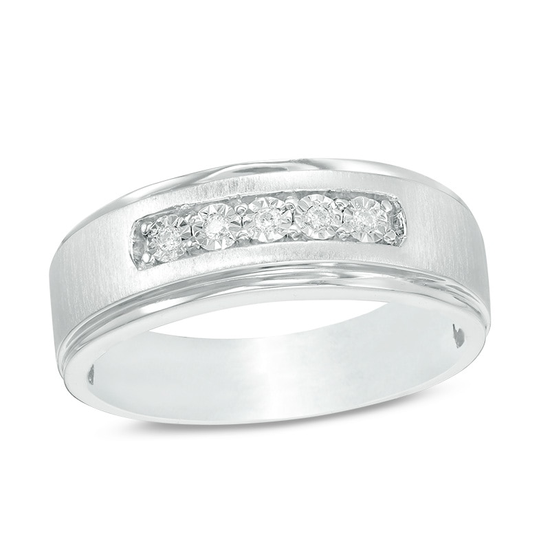 Men's 1/20 CT. T.W. Diamond Five Stone Satin Wedding Band in 10K White Gold