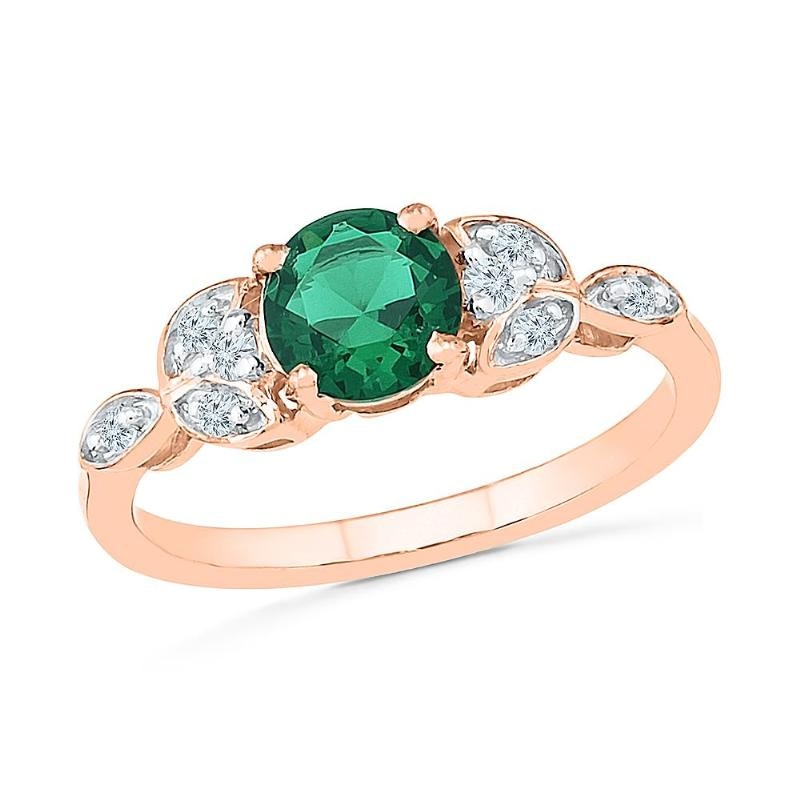 Main Image 1 of 6.0mm Lab-Created Emerald and White Sapphire Leaf Ring in 10K Rose Gold