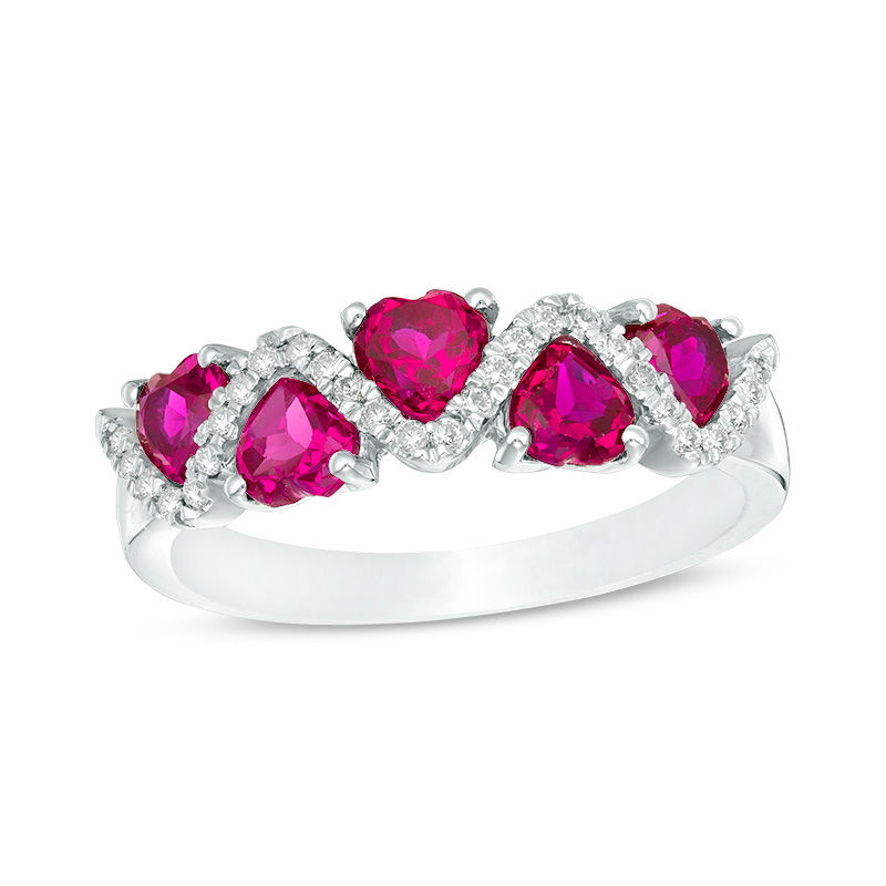 Main Image 1 of 4.5mm Heart-Shaped Lab-Created Ruby and 1/15 CT. T.W. Diamond Zig-Zag Motif Ring in 10K White Gold