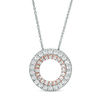 Thumbnail Image 1 of Lab-Created White Sapphire Open Double Circle Pendant in Sterling Silver and 10K Rose Gold