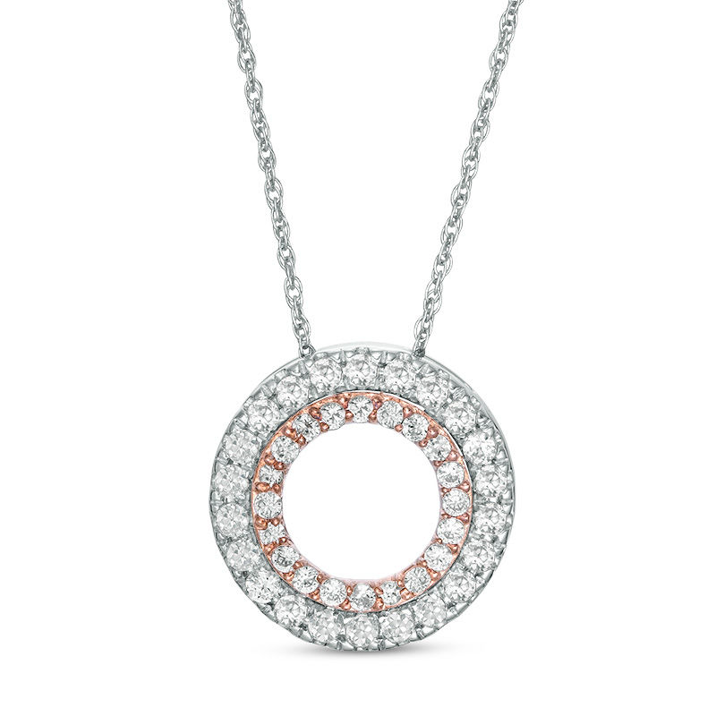 Main Image 1 of Lab-Created White Sapphire Open Double Circle Pendant in Sterling Silver and 10K Rose Gold