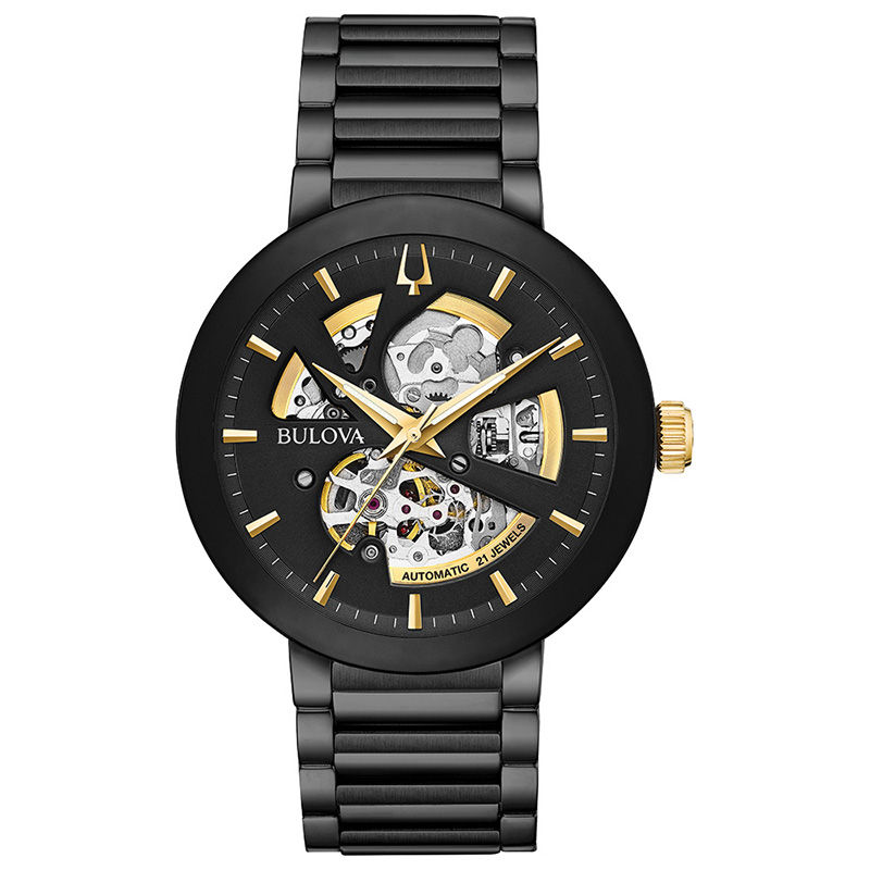 Main Image 1 of Men's Bulova Modern Automatic Black IP Watch with Skeleton Dial (Model: 98A203)