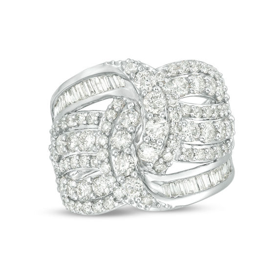 2 CT. T.W. Baguette and Round Diamond Loop Multi-Row Ring in 10K White ...