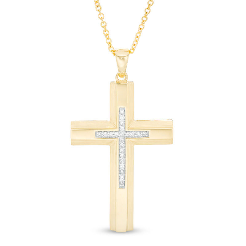 Men S 1 8 Ct T W Diamond Double Cross Pendant In 10k Gold 20 T W Diamond Double Cross Pendant In 10k Gold 20