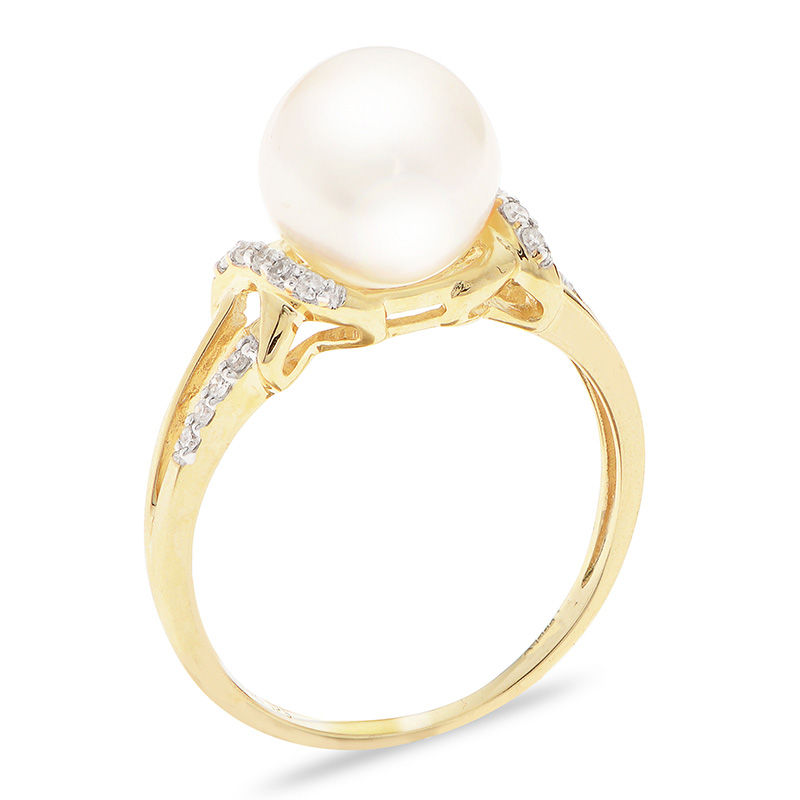 Main Image 2 of 8.5-9.0mm Freshwater Cultured Pearl and 1/15 CT. T.W. Diamond Ribbon Wrap Split Shank Ring in 14K Gold
