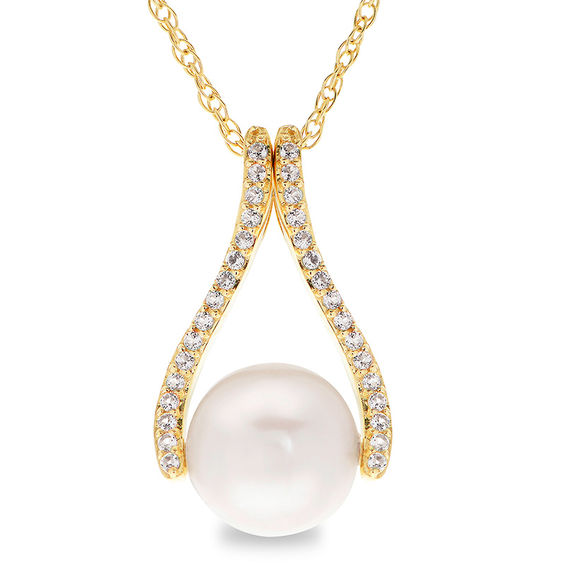 8.0 - 8.5mm Button Cultured Freshwater Pearl and White Topaz Wishbone Pendant in 14K Gold 8.0 - 8.5mm Button Cultured Freshwater Pearl and White Topaz Wishbone Pendant in 14K Gold