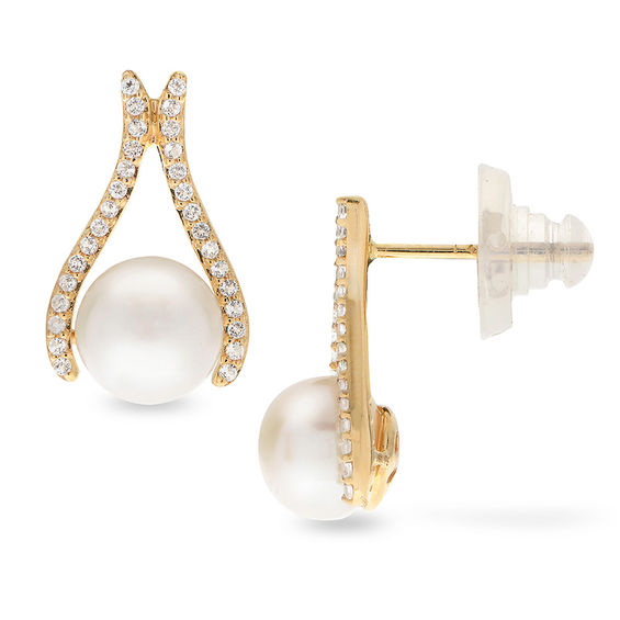 7.0 - 8.0mm Button Cultured Freshwater Pearl and White Topaz Wishbone Drop Earrings in 14K Gold