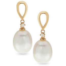 8.0-9.0mm Oval Freshwater Cultured Pearl and Diamond Accent Loop drop Earrings in 14K Gold