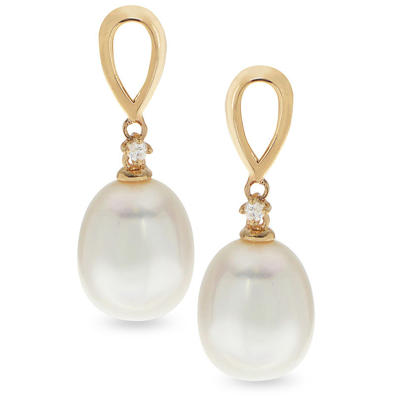 8.0 - 9.0mm Oval Cultured Freshwater Pearl and Diamond Accent Loop drop Earrings in 14K Gold