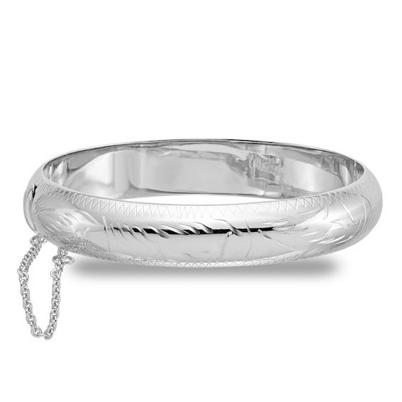 12.0mm Diamond-Cut Pattern Bangle in Sterling Silver with Safety Chain