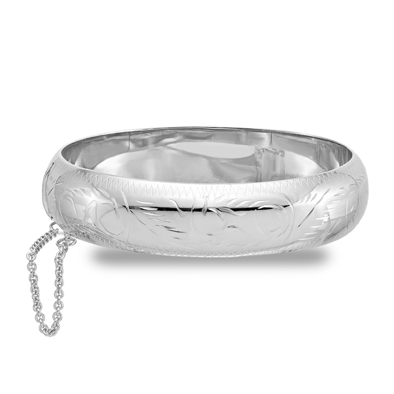 Main Image 1 of 15.0mm Diamond-Cut Pattern Bangle in Sterling Silver with Safety Chain