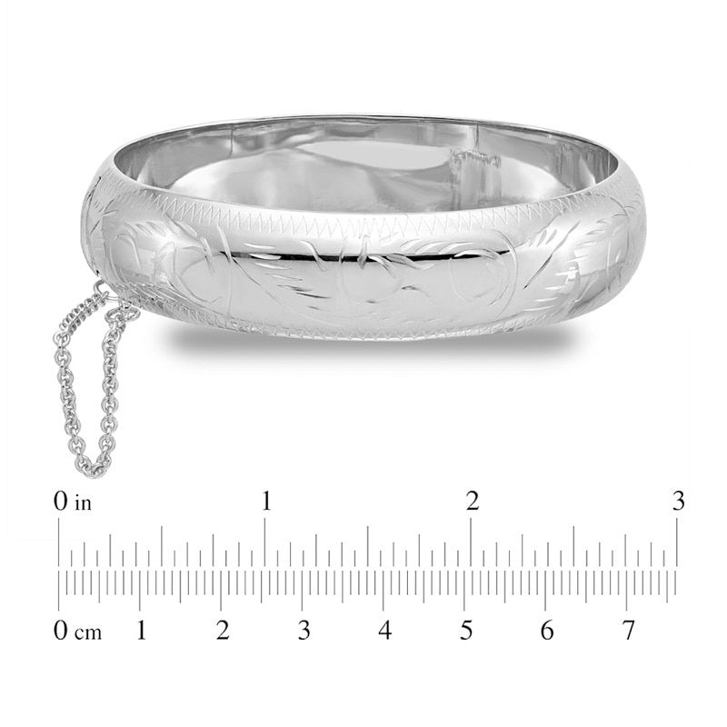 Main Image 3 of 15.0mm Diamond-Cut Pattern Bangle in Sterling Silver with Safety Chain