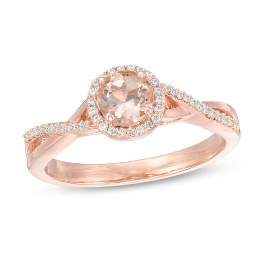 5.0mm Morganite and 1/10 CT. T.w. Diamond Frame Twist Shank Engagement Ring in 10K Rose Gold