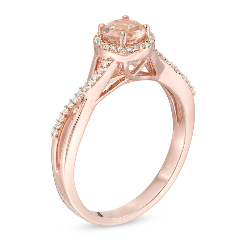 Main Image 2 of 5.0mm Morganite and 1/10 CT. T.W. Diamond Frame Twist Shank Engagement Ring in 10K Rose Gold