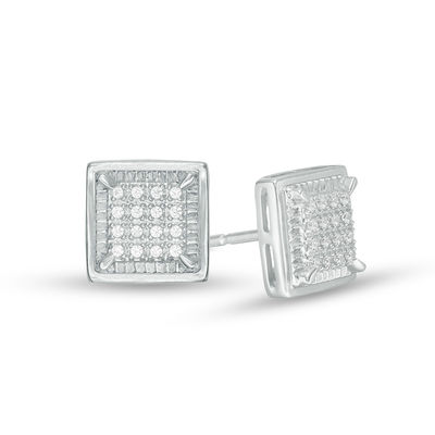 Sterling Silver Mens Round Diamond Octagon Cluster Stud Earrings 1/6 Cttw 