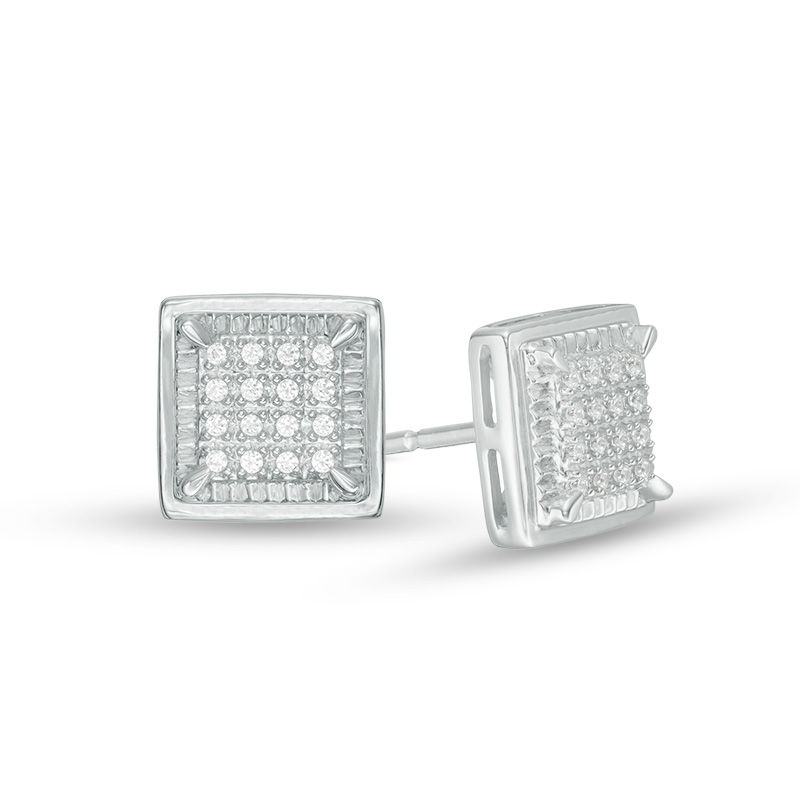 Men's 1/10 CT. T.W. Square-Shaped Multi-Diamond Textured Frame Stud Earrings in Sterling Silver