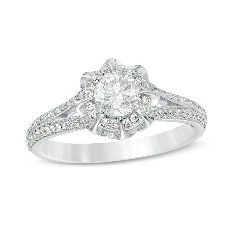 1 CT. T.W. Diamond Flower Frame Vintage-Style Engagement Ring in 10K ...